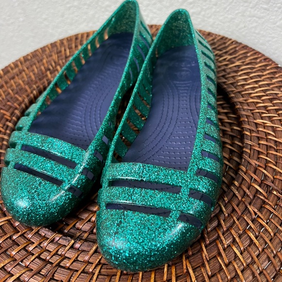 Crocs Adrina II Girl's Green Glitter Flat Shoes Jelly Ballet Size  3 - Picture 5 of 9